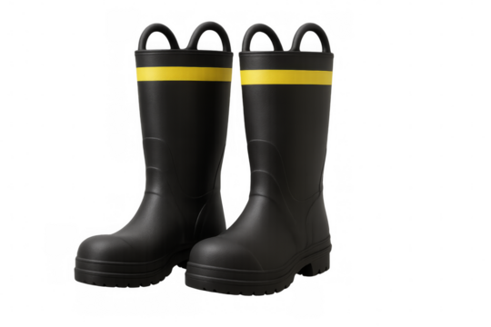 Black rubber boots with yellow stripe for protection