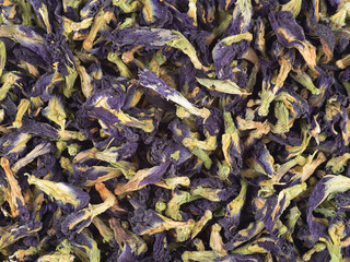 Dried Butterfly pea flowers as background. Close-up. Blue Tea.