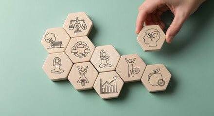 Hand arranging wooden blocks with icons for a holistic lifestyle and well-being