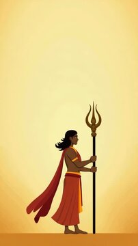 lord rama.   of an ancient Indian warrior standing with a trident staff, wearing traditional attire, on a warm gradient background. Perfect for mythological or cultural themes.