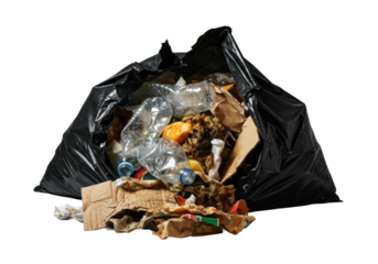 Violently ruptured black garbage bag, overflowing with grimy plastic, soggy cardboard, moldy food, and wrappers on transparent, stark shadows, disturbing reality of waste.