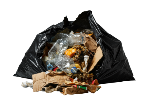 Violently ruptured black garbage bag, overflowing with grimy plastic, soggy cardboard, moldy food, and wrappers on transparent, stark shadows, disturbing reality of waste.