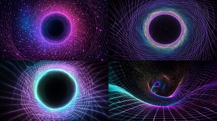 4 abstract cosmic rendering black hole visualizations, colorful, circular, swirl pattern.