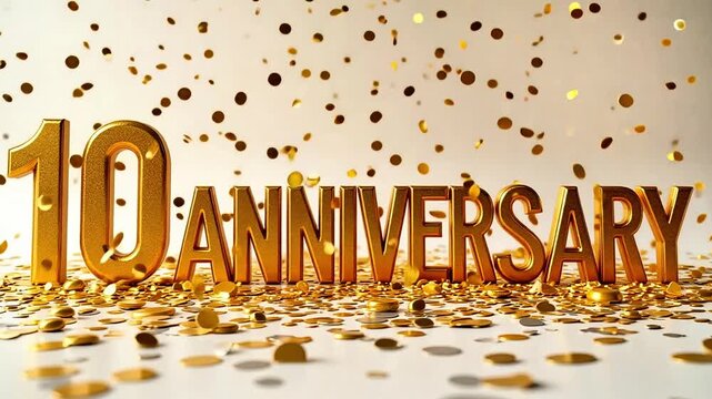 Celebrate a decade of achievement with gleaming gold '10th Anniversary' text and festive confetti, perfect for business milestones and personal celebrations.