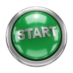 Green glossy button with silver metallic rim and start text isolated on a transparent background image