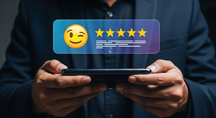 Customer satisfaction review concept, businessman holding smartphone with 5 star rating feedback and smiley emoji icon, online reputation, positive feedback evaluation