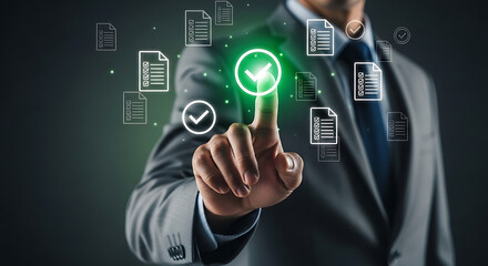 Businessman touching glowing green check mark icon for digital document approval, verification, compliance, quality assurance, and corporate validation technology concept