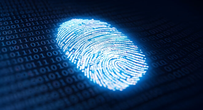 Digital Fingerprint ID Scan with Binary Code Background for Security and Technology Concepts