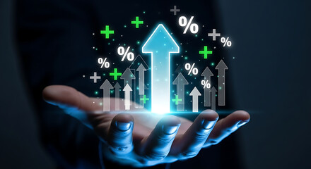 Business growth and financial success concept with glowing upward arrows and percentage signs, profit increase, investment return, sales boost and economic progress