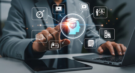 AI in education and e-learning technology with glowing digital interface, online training, smart learning solutions, virtual classroom, knowledge innovation and digital teaching