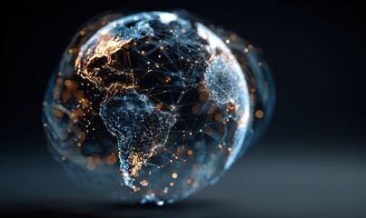 Futuristic digital globe of Earth with glowing data points network connections on a dark background