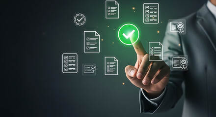 Digital approval and task checklist validation concept with businessman selecting green check mark on virtual interface for workflow management and quality assurance