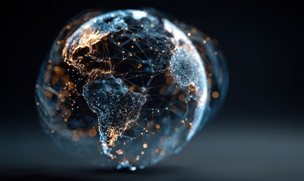 Futuristic digital globe of Earth with glowing data points network connections on a dark background - Powered by Adobe