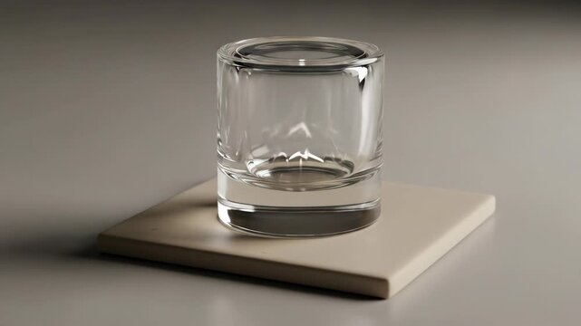 Empty clear glass on square stone coaster, clean drinkware concept with copy space, food photography studio shot.
