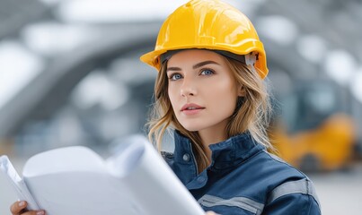 portrait wide angle engineer woman wearing helmet in uniform holding architectural drawings works with construction building