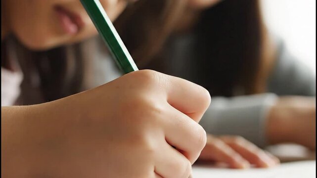 Close-up shot of a child's hand writing with a green pencil on white paper for school assignment