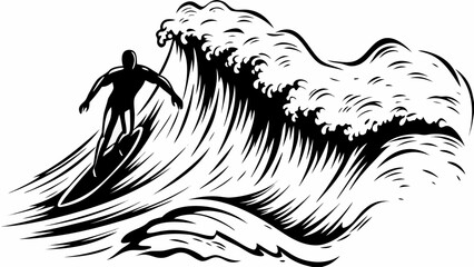 Dynamic surfer carving massive ocean wave, capturing thrill and adventure in a bold graphic style