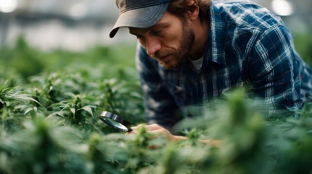 A farmer inspects plant growth with a magnifying glass in a cultivation setting - Powered by Adobe