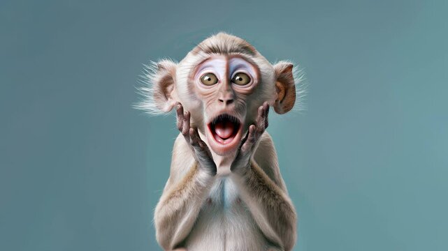 Funny little monkey with surprised face on blue backdrop, playful character and viral reaction energy&mdash;great for humor, apps, education, and kid‑friendly campaigns seeking instant attention.