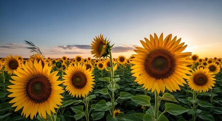 Sunflowers in a Field at Sunset.