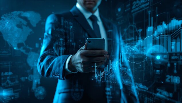 "Businessperson Holding Smartphone with Global Financial Charts and Blue Digital Overlay"