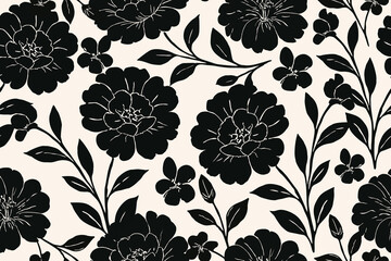 Elegant seamless floral pattern in black and white featuring bold blossoms and delicate leaves, perfect for textile, wallpaper, and modern decorative design.
