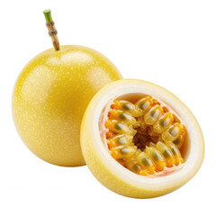 Yellow passion fruit cut open revealing pulp and seeds isolated on a transparent background passionfruit