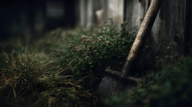 An old rusty shovel leans against a weathered wooden wall amid overgrown garden weeds and foliage