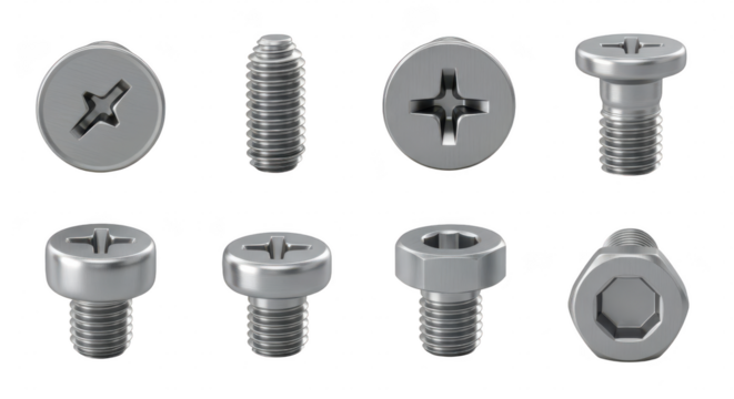 Collection of various screws and fasteners isolated on transparent background