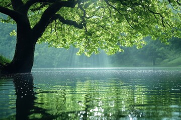 A serene lakeside view with a large tree and shimmering water during a sunny afternoon