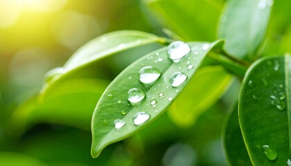 Dewy green leaves in sunlight