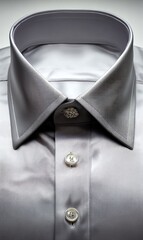 Close-up of a light gray dress shirt collar and buttons