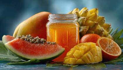 Vibrant fruit smoothie in a jar, surrounded by fresh tropical fruits