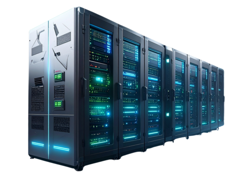 Futuristic Server Rack with Neon Blue and Green LED Panels  