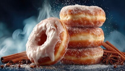 Stacked donuts, sugared and iced, with cinnamon and spice