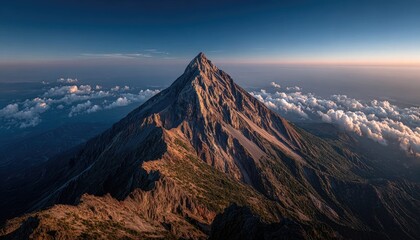 Volcanic peak, sunlit, clouds, mountain range