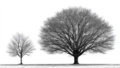Two leafless trees, contrasting sizes, against white background