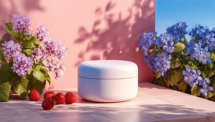 White cream jar surrounded by pink flowers and strawberries