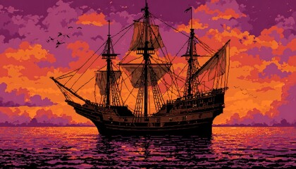 Obraz premium Pixel art ship at sunset (1)