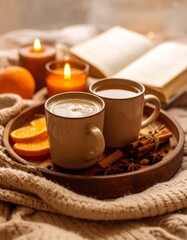 Fototapeta premium Hot coffee, pumpkin spice latte, rustic autumn vibes
