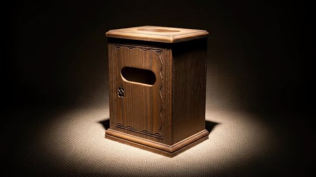 Dark wooden cabinet, ornate carvings with spot light illumination on brown background with door and rustic design, old style.