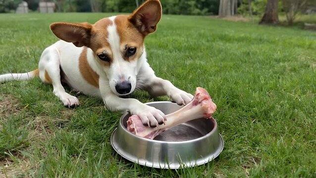 Jack Russell Terrier Canine Resting on Lawn Guarding Rawhide Chew Toy in Its Food Bowl