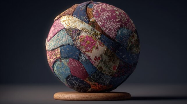 Sphere of patchwork textiles on wooden base - Powered by Adobe