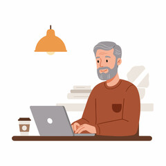Flat Style Mature Man Working at Desk with Laptop Illustration