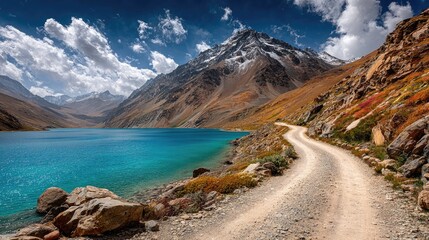 Mountain lake vista with winding road