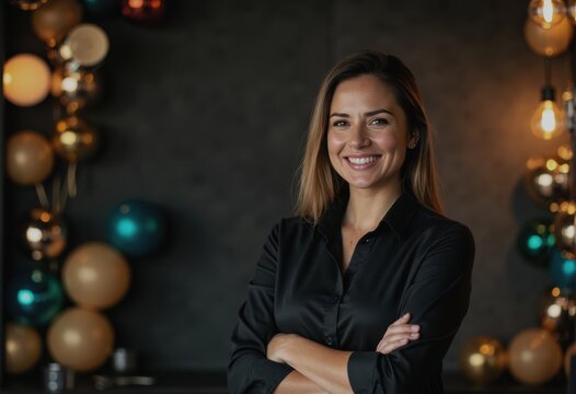 Party service manager smiling confidently beside a New Year preparation area - Powered by Adobe