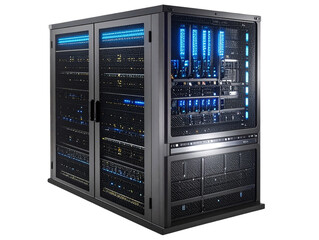 Fototapeta premium Angled View of High-Tech Server Rack with Blue LED Lighting
