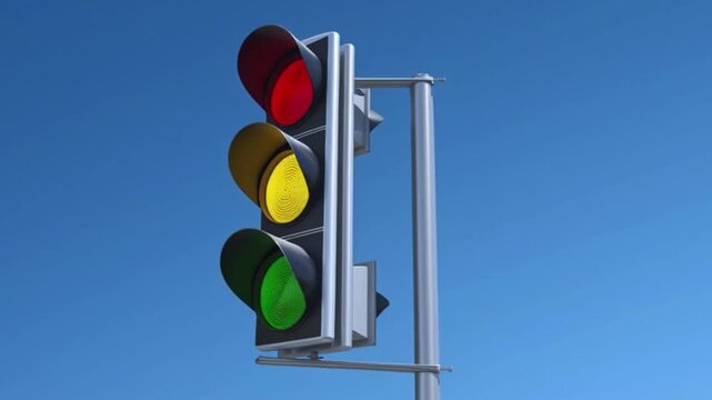 Traffic light with red yellow green signals against blue sky transportation system road safety urban infrastructure driving rules control regulation street signal 4k