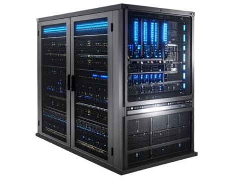  Angled View of High-Tech Server Rack with Blue LED Lighting