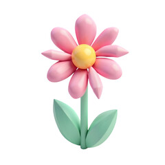 Naklejka premium Colorful Cartoon Pink Flower with Yellow Center and Green Leaves on Transparent Background